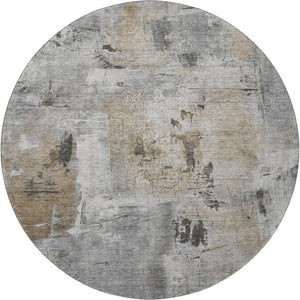 HomeRoots 8' Gray Brown and Ivory Abstract Round Rug - Washable, UV Protected, Durable for High-Traffic Areas 678002