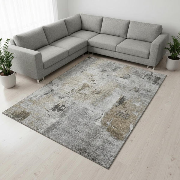 HomeRoots 8' X 10' Washable Area Rug in Gray, Brown & Ivory – Durable, Stain Resistant & UV Protected Design 678003