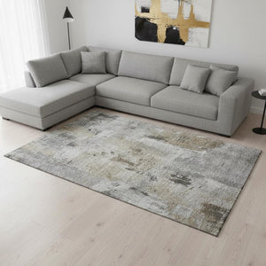 HomeRoots 9' X 12' Gray Brown Ivory Abstract Area Rug - Stylish, Stain-Resistant, UV-Protected & Durable Design 678004