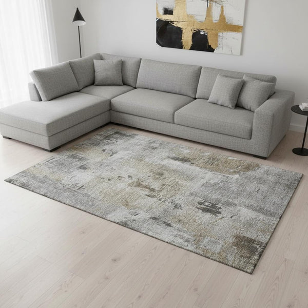 HomeRoots 9' X 12' Gray Brown Ivory Abstract Area Rug - Stylish, Stain-Resistant, UV-Protected & Durable Design 678004