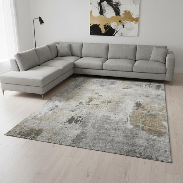 HomeRoots 10' X 14' Stylish Gray Brown Ivory Abstract Washable Area Rug with UV Protection for Durability 678005