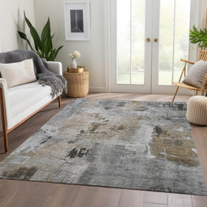 HomeRoots 10' X 14' Stylish Gray Brown Ivory Abstract Washable Area Rug with UV Protection for Durability 678005