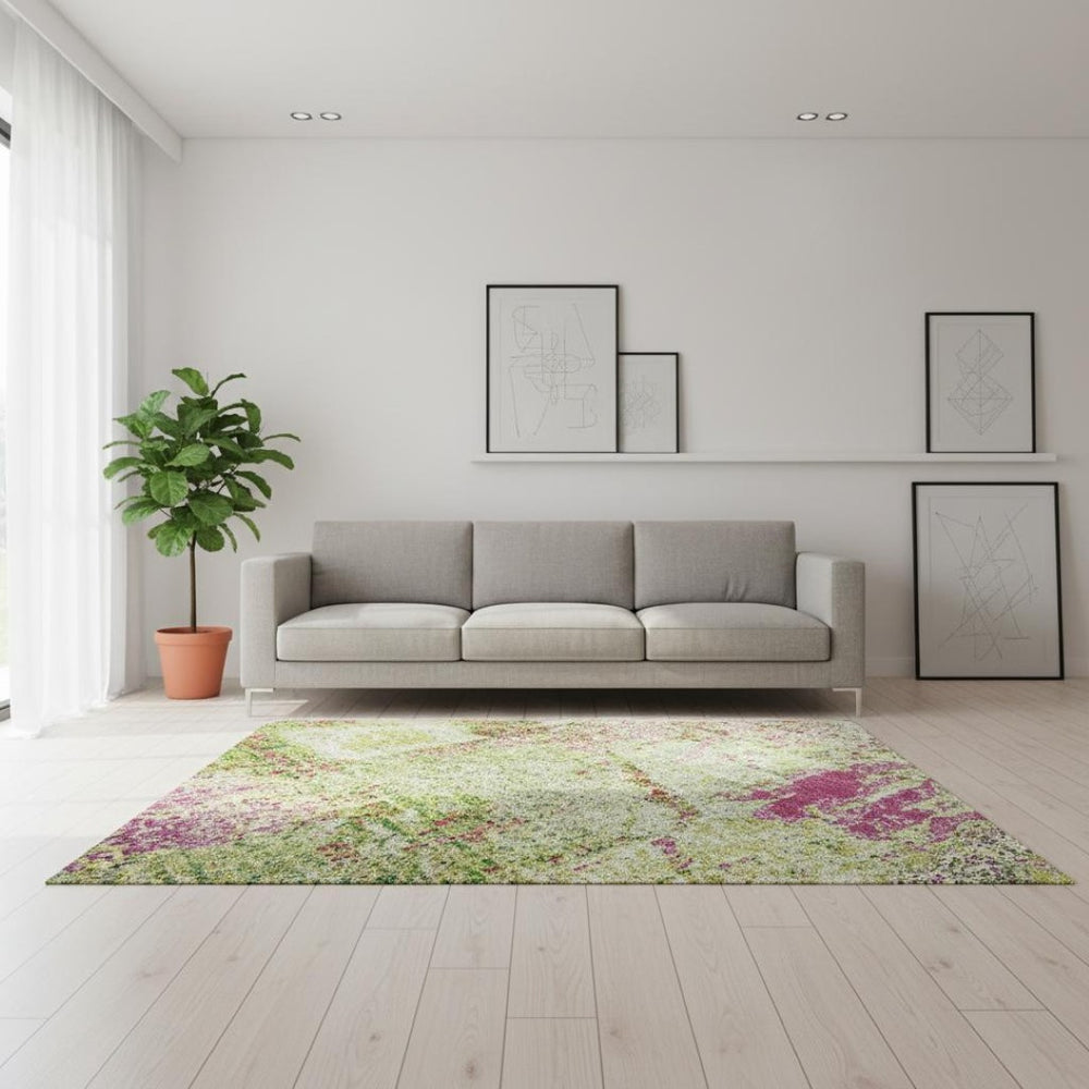 HomeRoots 5' X 8' Vibrant Abstract Area Rug in Lime Green, Pink & Yellow - Washable, UV Protected & Durable! 678007