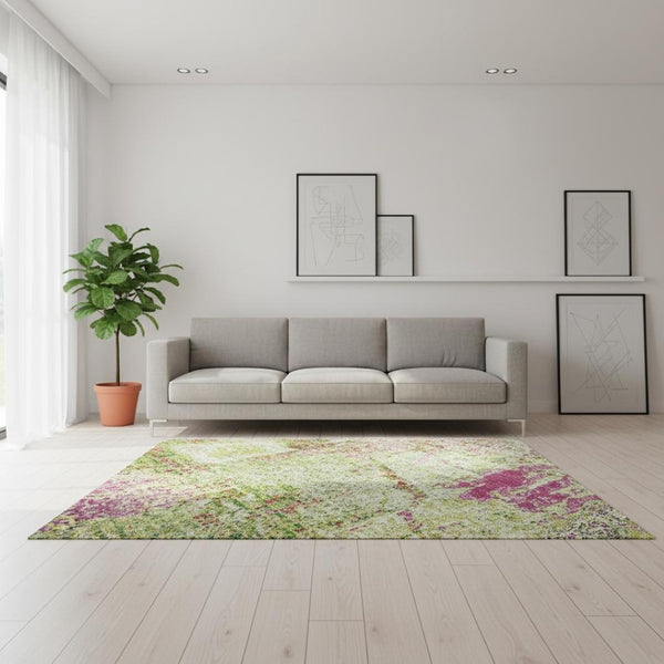 HomeRoots 5' X 8' Vibrant Abstract Area Rug in Lime Green, Pink & Yellow - Washable, UV Protected & Durable! 678007