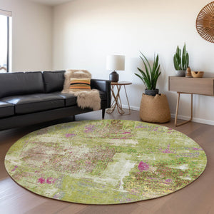 HomeRoots 8' Vibrant Abstract Round Rug in Lime Green, Pink & Yellow – Washable, UV-Protected, Durable Design 678008