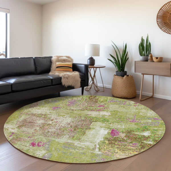 HomeRoots 8' Vibrant Abstract Round Rug in Lime Green, Pink & Yellow – Washable, UV-Protected, Durable Design 678008