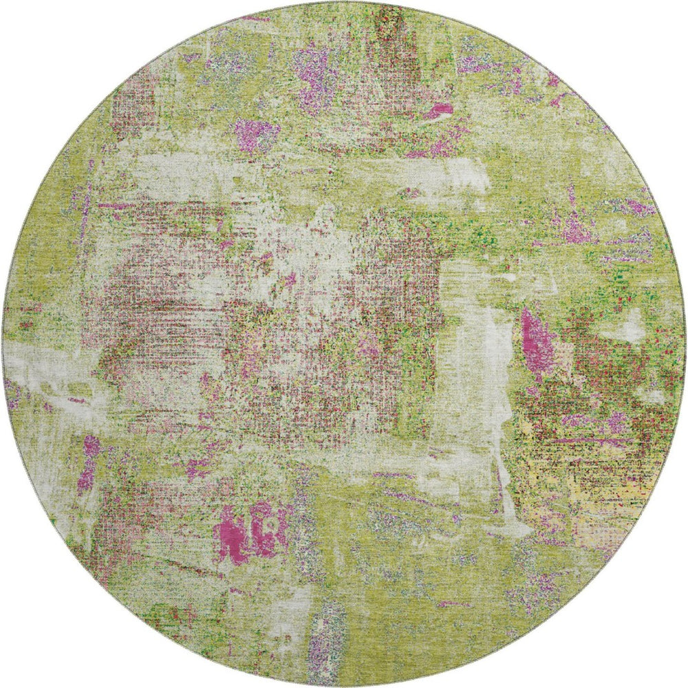 HomeRoots 8' Vibrant Abstract Round Rug in Lime Green, Pink & Yellow – Washable, UV-Protected, Durable Design 678008