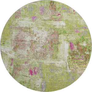 HomeRoots 8' Vibrant Abstract Round Rug in Lime Green, Pink & Yellow – Washable, UV-Protected, Durable Design 678008