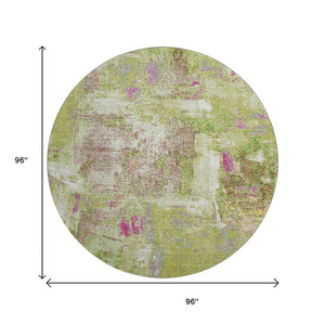 HomeRoots 8' Vibrant Abstract Round Rug in Lime Green, Pink & Yellow – Washable, UV-Protected, Durable Design 678008