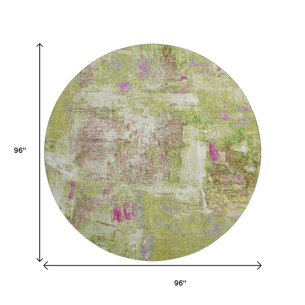 HomeRoots 8' Vibrant Abstract Round Rug in Lime Green, Pink & Yellow – Washable, UV-Protected, Durable Design 678008