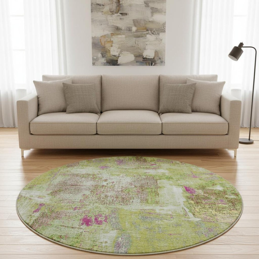 HomeRoots 8' Vibrant Abstract Round Rug in Lime Green, Pink & Yellow – Washable, UV-Protected, Durable Design 678008