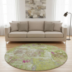 HomeRoots 8' Vibrant Abstract Round Rug in Lime Green, Pink & Yellow – Washable, UV-Protected, Durable Design 678008