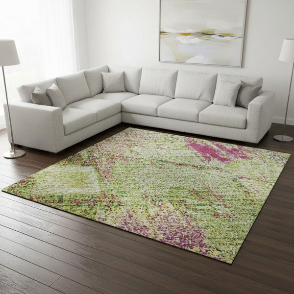 HomeRoots 8' X 10' Vibrant Abstract Washable Area Rug in Lime Green, Pink & Yellow with UV Protection Benefits 678009