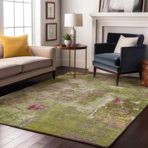 HomeRoots 9' X 12' Washable Abstract Area Rug in Lime Green, Pink & Yellow – UV-Protected & Stain-Resistant! 678010