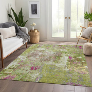 HomeRoots 9' X 12' Washable Abstract Area Rug in Lime Green, Pink & Yellow – UV-Protected & Stain-Resistant! 678010