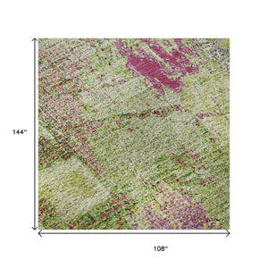 HomeRoots 9' X 12' Washable Abstract Area Rug in Lime Green, Pink & Yellow – UV-Protected & Stain-Resistant! 678010