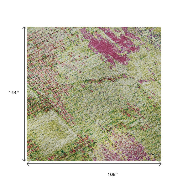 HomeRoots 9' X 12' Washable Abstract Area Rug in Lime Green, Pink & Yellow – UV-Protected & Stain-Resistant! 678010