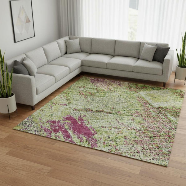 HomeRoots 9' X 12' Washable Abstract Area Rug in Lime Green, Pink & Yellow – UV-Protected & Stain-Resistant! 678010