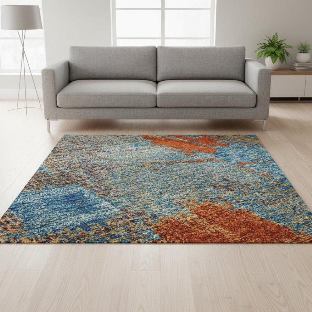 HomeRoots 5' Washable Navy Blue, Orange & Teal Abstract Area Rug with UV Protection for Modern Homes & Families 678013