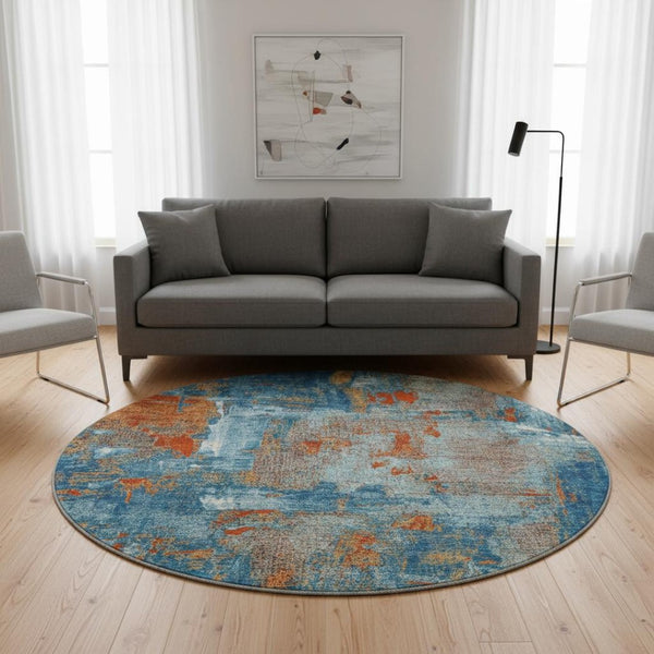 HomeRoots 8' Navy Blue, Orange & Teal Abstract Washable Round Rug - UV Protected, Stain Resistant & Durable 678014