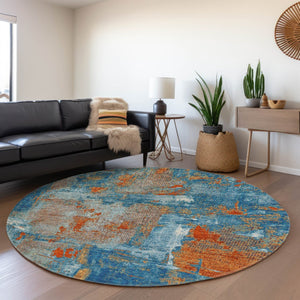 HomeRoots 8' Navy Blue, Orange & Teal Abstract Washable Round Rug - UV Protected, Stain Resistant & Durable 678014