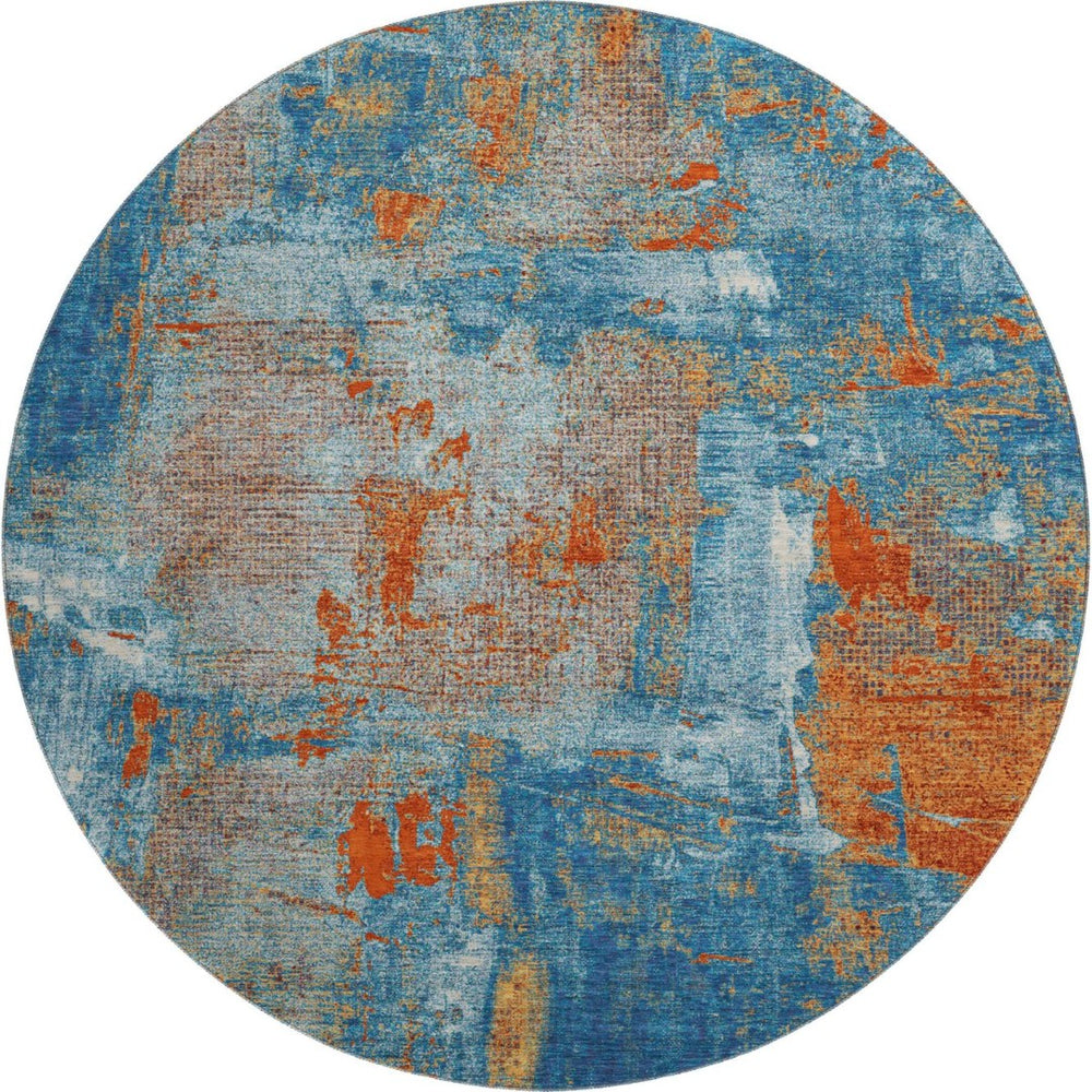 HomeRoots 8' Navy Blue, Orange & Teal Abstract Washable Round Rug - UV Protected, Stain Resistant & Durable 678014