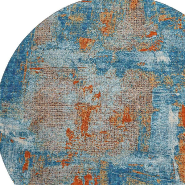 HomeRoots 8' Navy Blue, Orange & Teal Abstract Washable Round Rug - UV Protected, Stain Resistant & Durable 678014