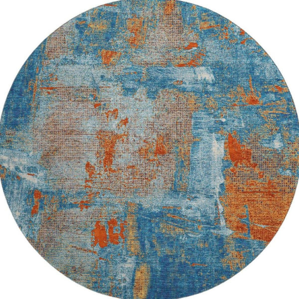 HomeRoots 8' Navy Blue, Orange & Teal Abstract Washable Round Rug - UV Protected, Stain Resistant & Durable 678014