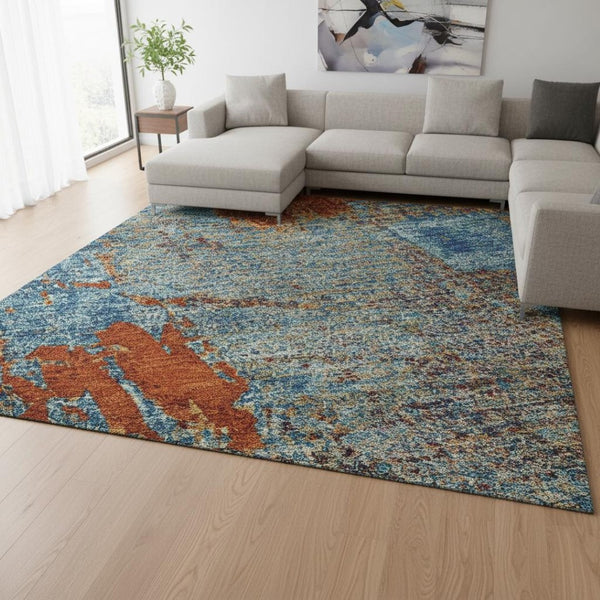 HomeRoots 8' X 10' Abstract Area Rug in Navy, Teal & Orange – Washable, UV Protected, Modern Style for Homes 678015