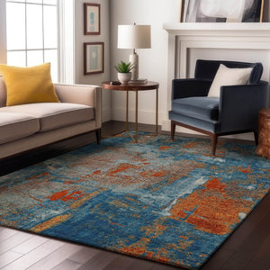 HomeRoots 8' X 10' Abstract Area Rug in Navy, Teal & Orange – Washable, UV Protected, Modern Style for Homes 678015