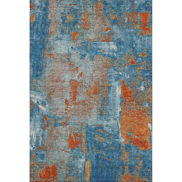 HomeRoots 8' X 10' Abstract Area Rug in Navy, Teal & Orange – Washable, UV Protected, Modern Style for Homes 678015
