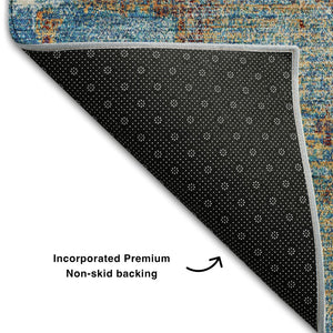 HomeRoots 8' X 10' Abstract Area Rug in Navy, Teal & Orange – Washable, UV Protected, Modern Style for Homes 678015