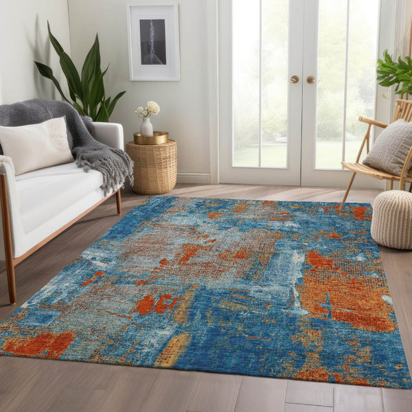 HomeRoots 8' X 10' Abstract Area Rug in Navy, Teal & Orange – Washable, UV Protected, Modern Style for Homes 678015