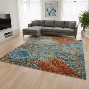 HomeRoots 9' X 12' Vibrant Navy Blue, Orange & Teal Abstract Washable Area Rug with UV Protection & Style 678016