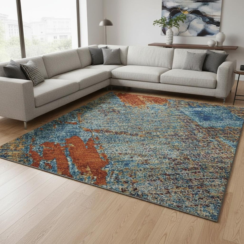 HomeRoots 10' Navy Blue, Orange & Teal Abstract Washable Area Rug - UV-Protected, Stain-Resistant Comfort! 678017