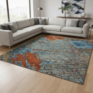 HomeRoots 10' Navy Blue, Orange & Teal Abstract Washable Area Rug - UV-Protected, Stain-Resistant Comfort! 678017