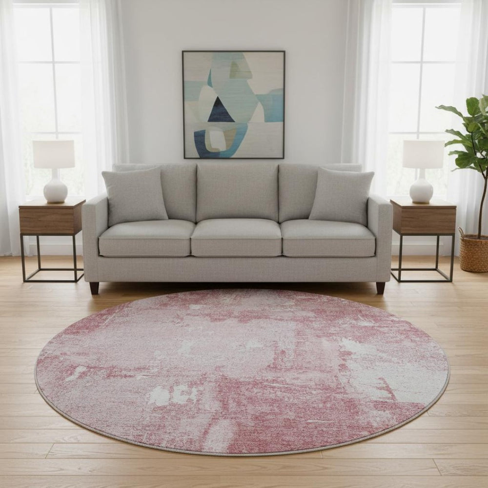 HomeRoots 8' Pink and Ivory Abstract Round Rug – Washable, Stain-Resistant, Non-Slip, UV Protected for Homes 678020