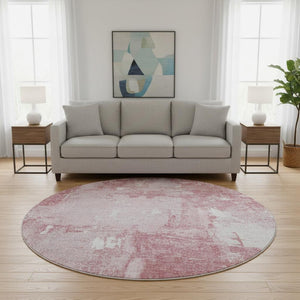 HomeRoots 8' Pink and Ivory Abstract Round Rug – Washable, Stain-Resistant, Non-Slip, UV Protected for Homes 678020