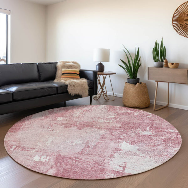 HomeRoots 8' Pink and Ivory Abstract Round Rug – Washable, Stain-Resistant, Non-Slip, UV Protected for Homes 678020