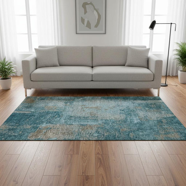 HomeRoots 5' Teal and Taupe Abstract Washable Area Rug - Stain Resistant, UV Protected, Perfect for Busy Homes 678025