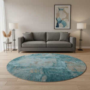 HomeRoots 8' Teal and Taupe Contemporary Abstract Washable Round Rug with UV Protection for Durability & Style 678026
