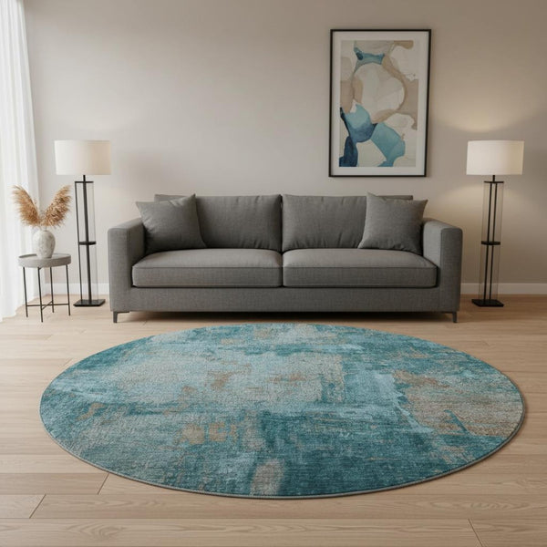 HomeRoots 8' Teal and Taupe Contemporary Abstract Washable Round Rug with UV Protection for Durability & Style 678026