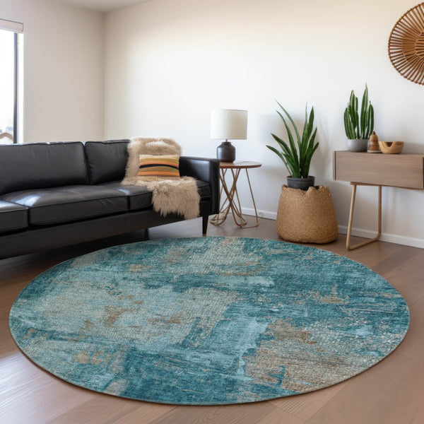HomeRoots 8' Teal and Taupe Contemporary Abstract Washable Round Rug with UV Protection for Durability & Style 678026