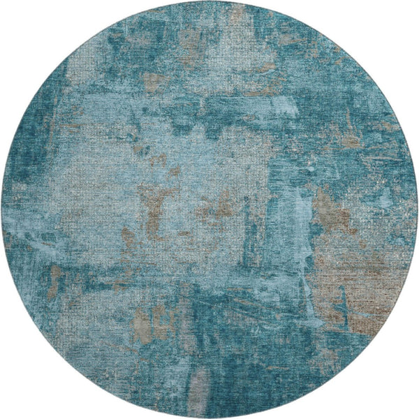 HomeRoots 8' Teal and Taupe Contemporary Abstract Washable Round Rug with UV Protection for Durability & Style 678026