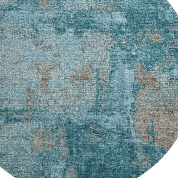 HomeRoots 8' Teal and Taupe Contemporary Abstract Washable Round Rug with UV Protection for Durability & Style 678026