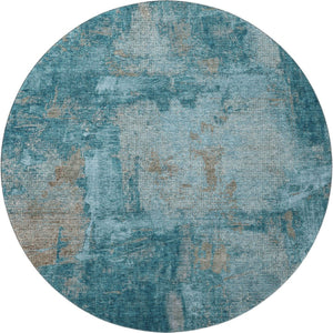 HomeRoots 8' Teal and Taupe Contemporary Abstract Washable Round Rug with UV Protection for Durability & Style 678026