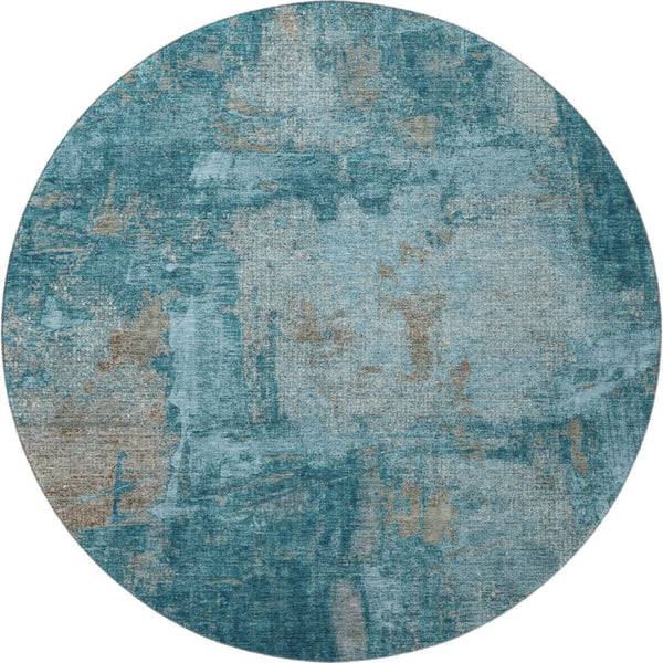 HomeRoots 8' Teal and Taupe Contemporary Abstract Washable Round Rug with UV Protection for Durability & Style 678026