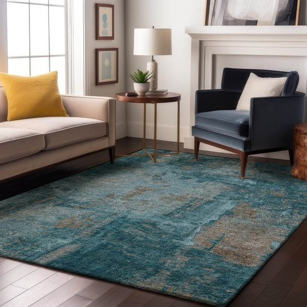HomeRoots 8' X 10' Durable Teal and Taupe Abstract Area Rug – Washable, UV Protected, Perfect for Busy Homes! 678027