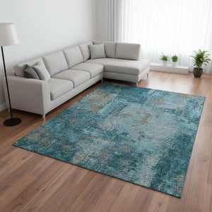HomeRoots 9' X 12' Teal And Taupe Abstract Area Rug - Washable, UV-Protected, Stain-Resistant for High-Traffic Areas 678028