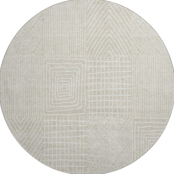 HomeRoots 8' Washable Beige and Ivory Geometric Round Rug – Durable, UV-Protected, Perfect for High-Traffic Areas 678032